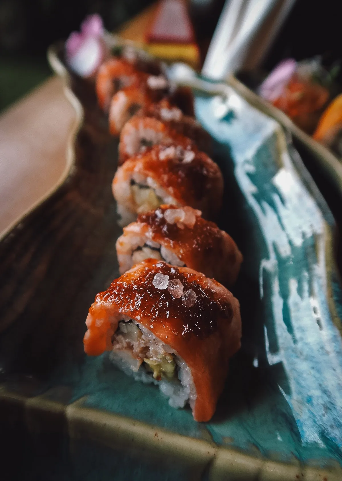 Salmon sushi at a restaurant in Ubud