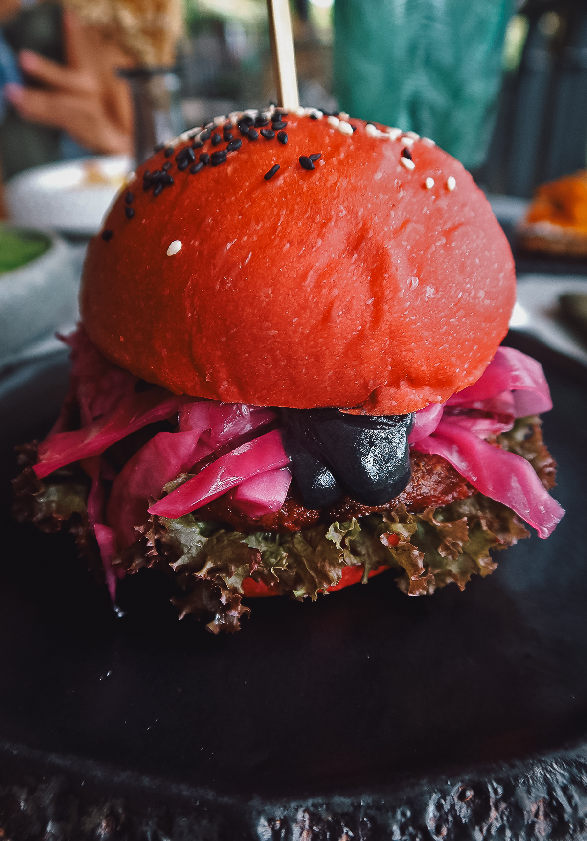 Beetroot burger at a restaurant in Ubud