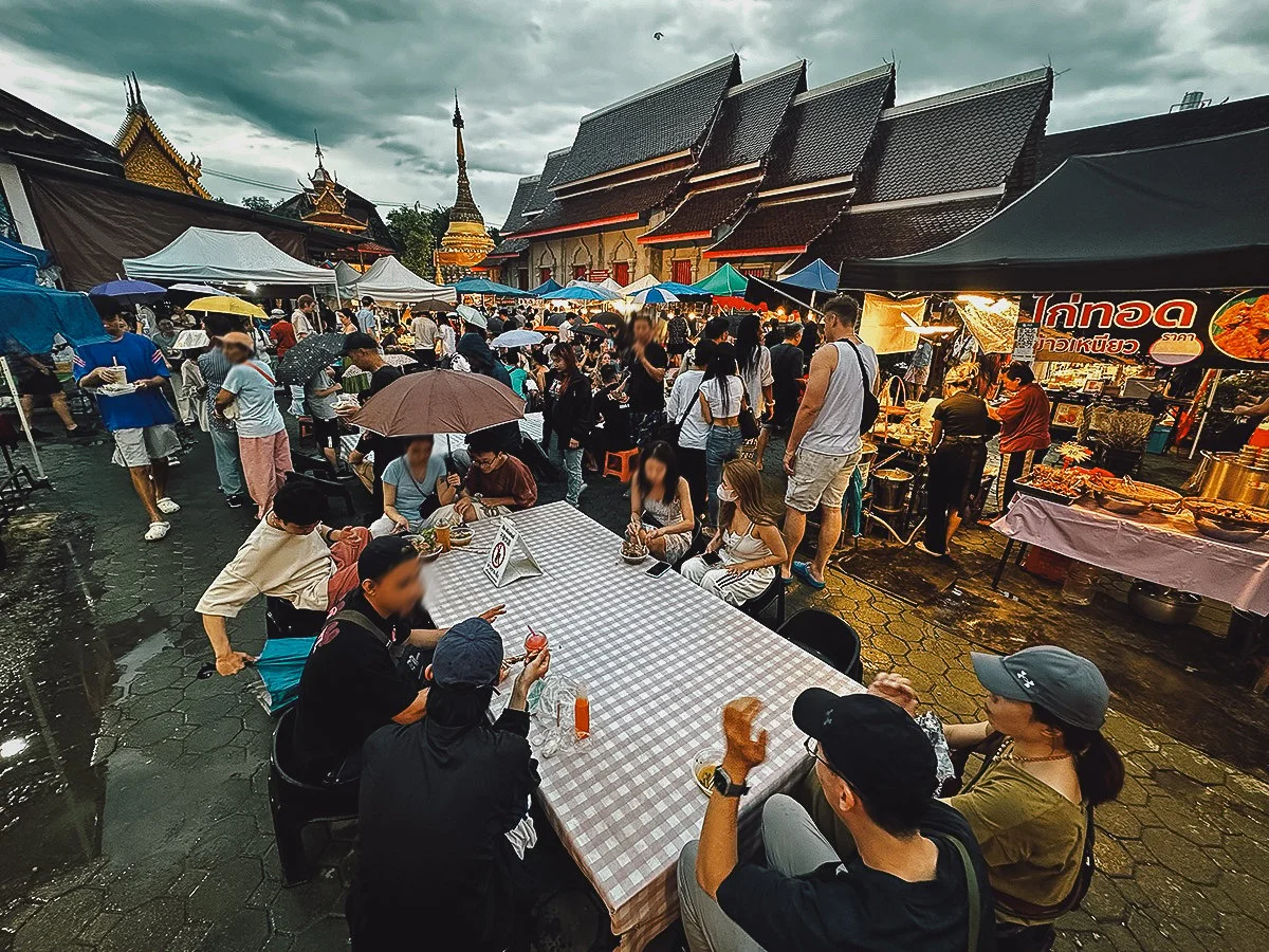 Tables and food stalls off Tha Phae Street in Chiang Mai