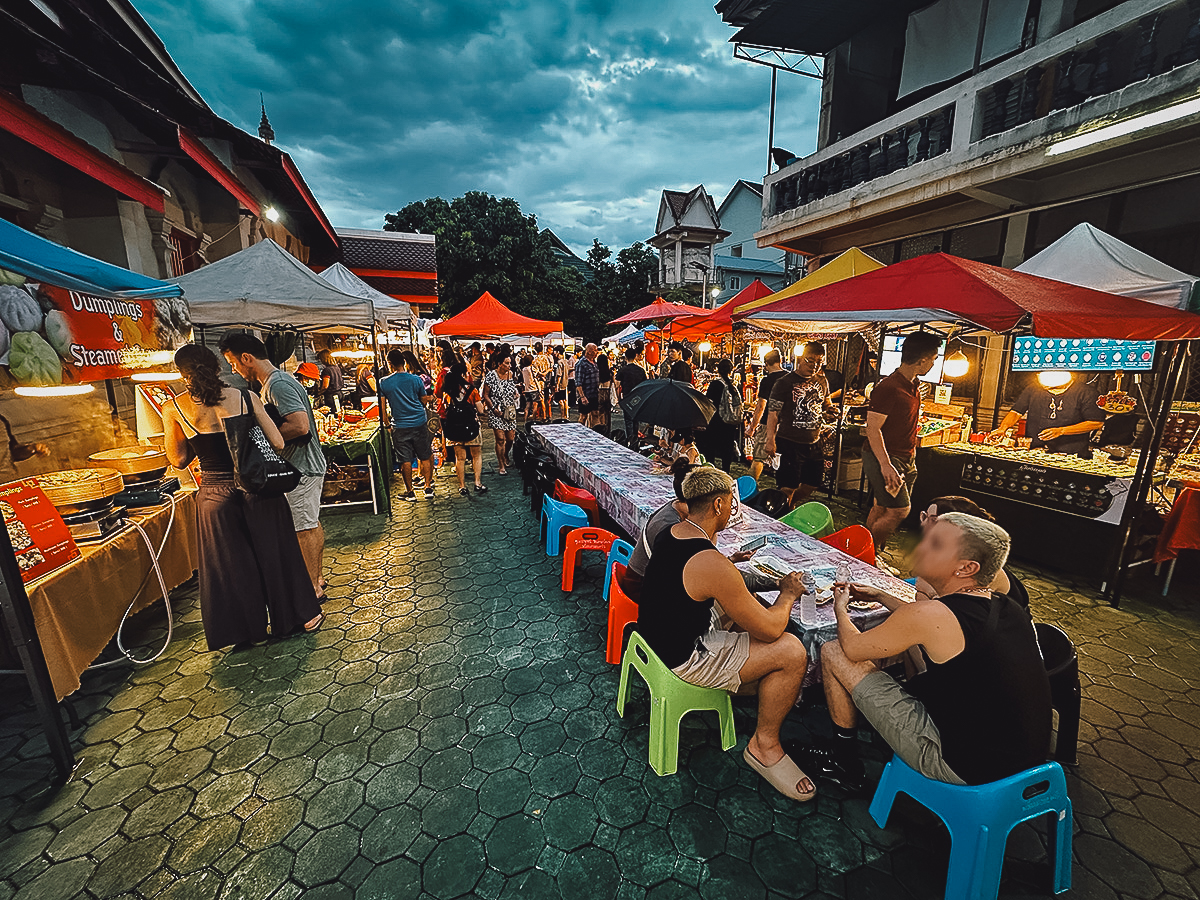 Tables and food stalls off Tha Phae Street in Chiang Mai