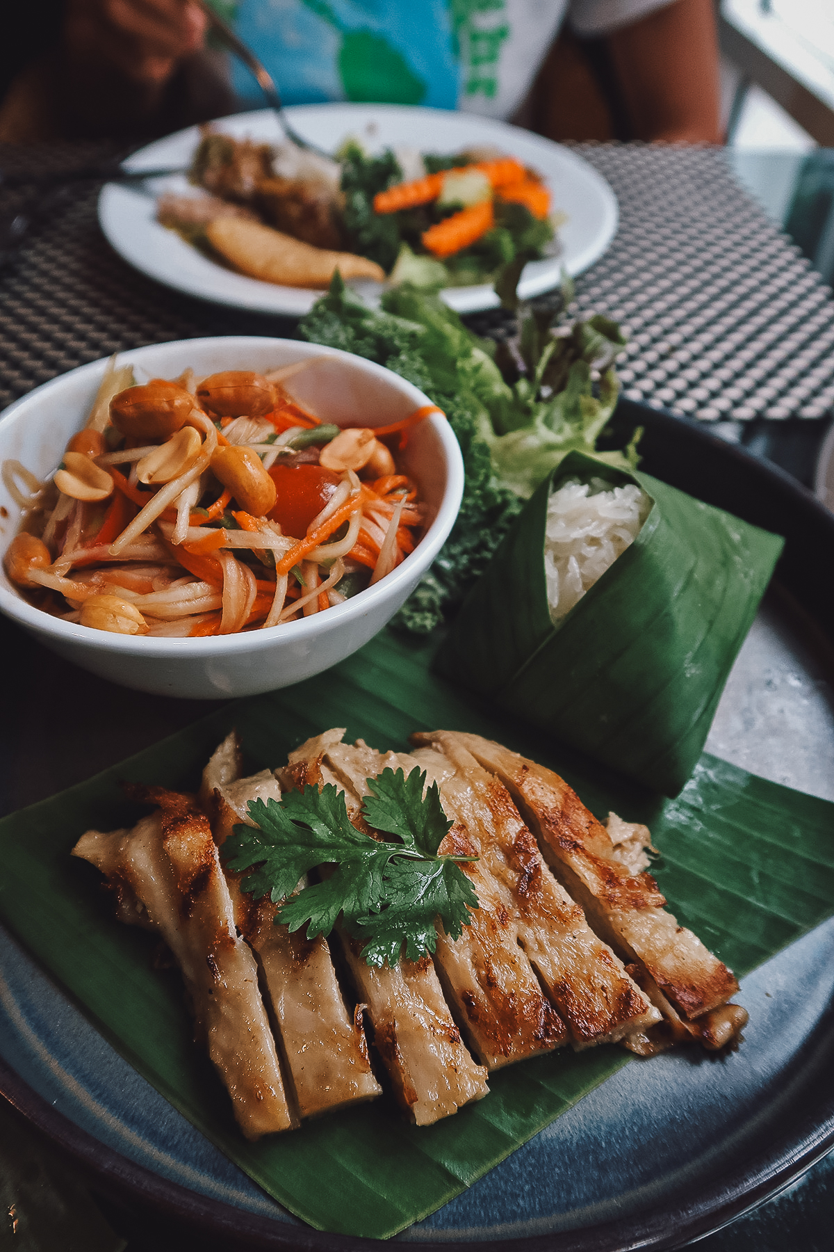 Vegan gai yang at a restaurant in Chiang Mai, Thailand