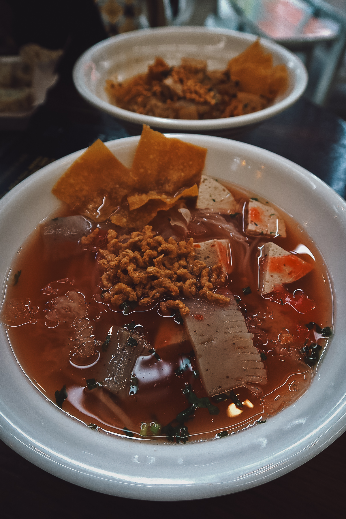 Vegan yen ta fo at a restaurant in Chiang Mai, Thailand