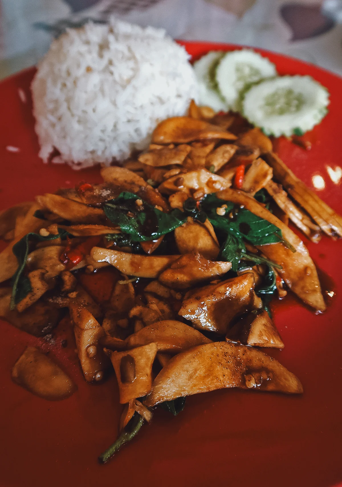 Mushroom pad kra pao at a restaurant in Chiang Mai, Thailand