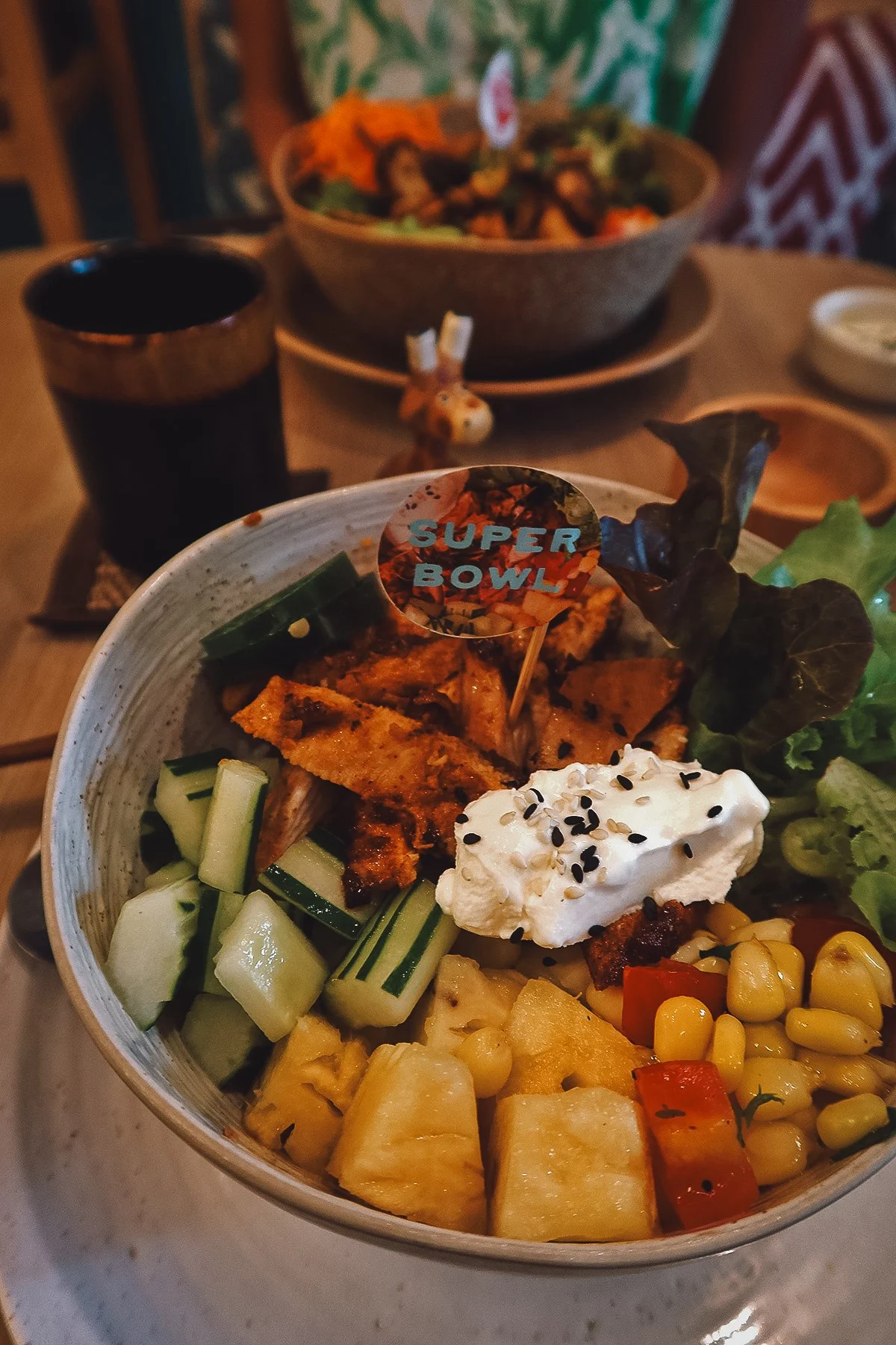 Grilled chicken salad bowl at a restaurant in Chiang Mai, Thailand