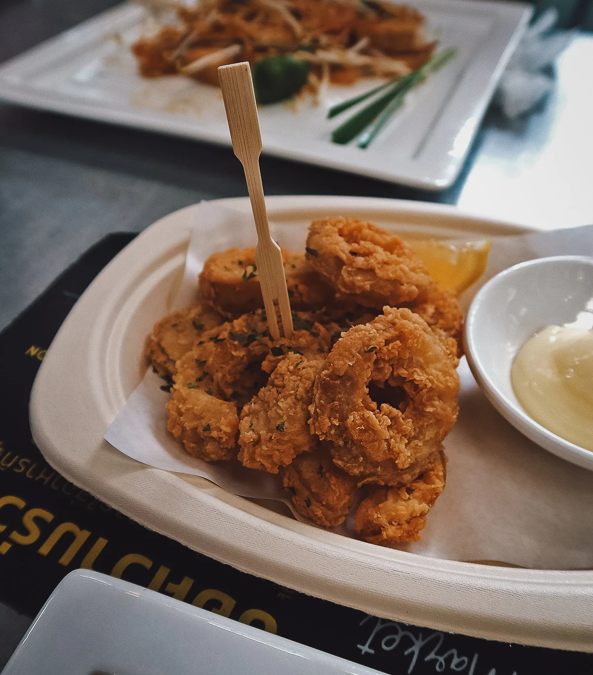 Vegan calamari at a restaurant in Chiang Mai, Thailand