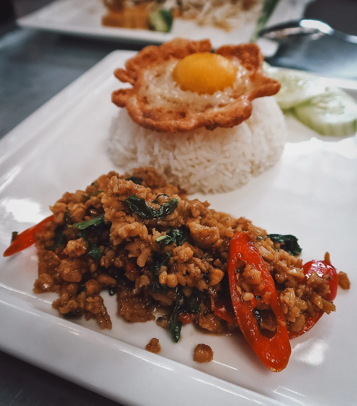 Vegan pad kra pao at a restaurant in Chiang Mai, Thailand