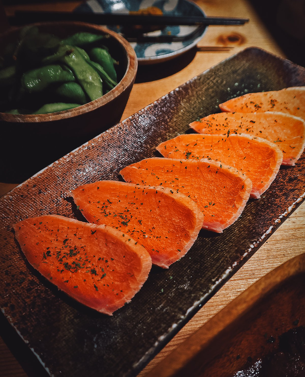 Frozen salmon sashimi at Harukor