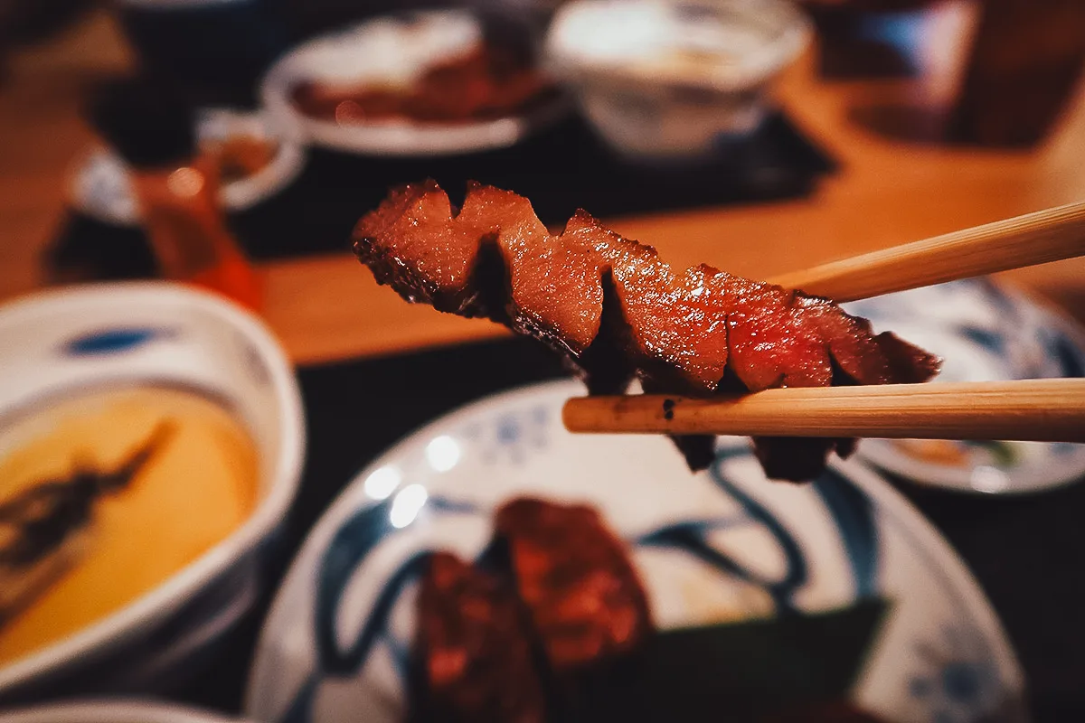 Close-up of the thick-cut slice of gyutan